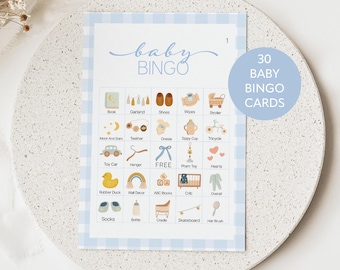 Blue gingham Baby shower bingo game, Baby boy Bingo Game 30 cards Bingo Baby Shower Game, Prefilled baby bingo cards, Printable baby bingo