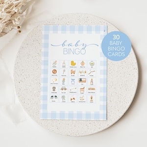 Juego de bingo para baby shower azul, juego de bingo para bebé niño, 30 tarjetas, juego de bingo para baby shower, tarjetas de bingo para bebé precargadas, bingo para bebé imprimible
