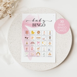 Pink bow Baby shower bingo game, Baby boy Bingo Game 30 cards Bingo Baby Shower Game, Prefilled baby bingo cards, Printable baby bingo