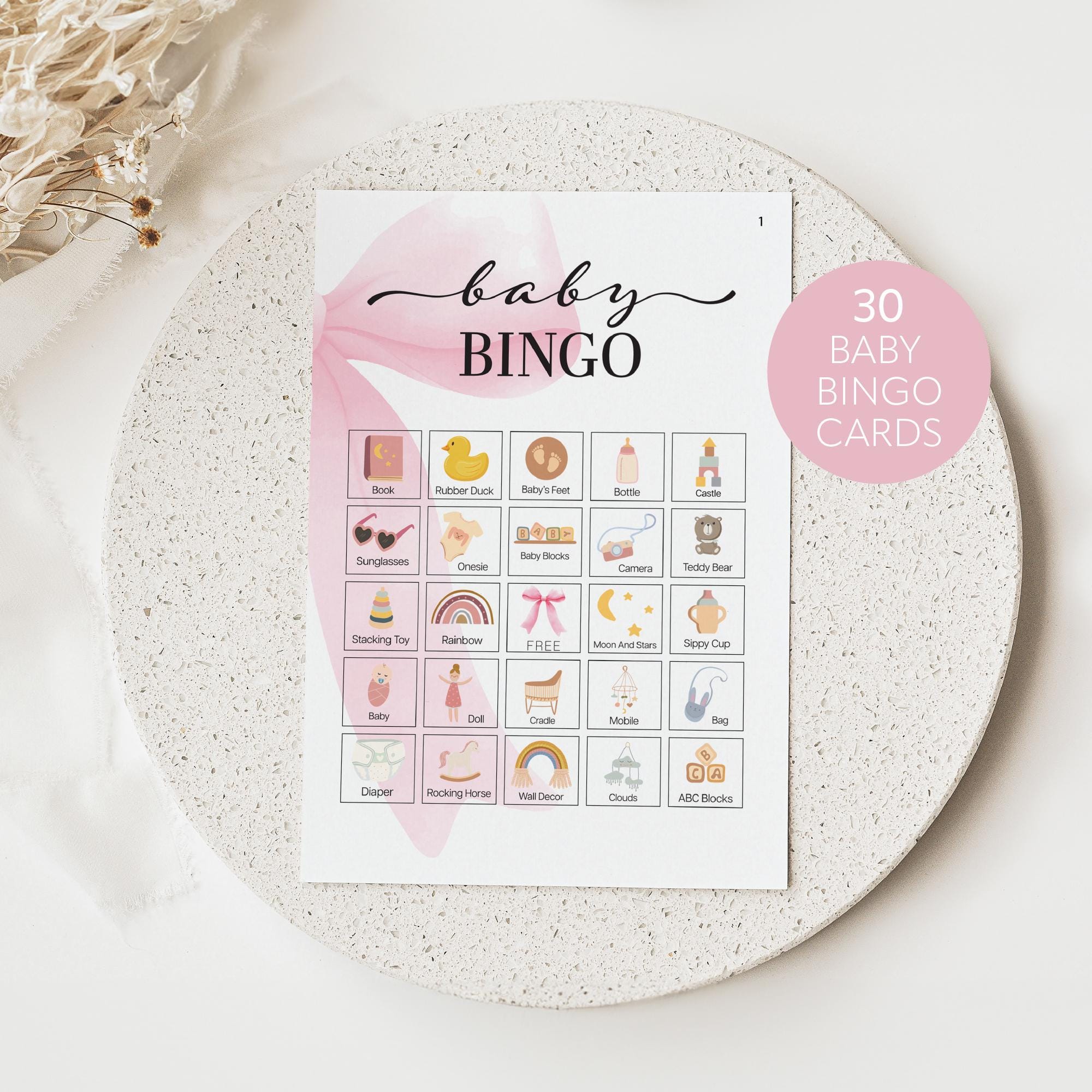 Pink bow Baby shower bingo game, Baby boy Bingo Game 30 cards Bingo Baby Shower Game, Prefilled baby bingo cards, Printable baby bingo