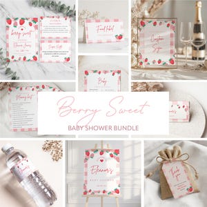 Ensemble baby shower aux fraises | Décoration pour baby shower douce petite fille Berry, faire-part, cadeaux et jeux | Modifiable - Ensemble imprimable