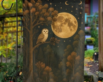 Bandera de jardín de búho de luna llena, pancarta de patio de bosque otoñal, decoración exterior de Halloween de otoño espeluznante para porche, patio o puerta de entrada.