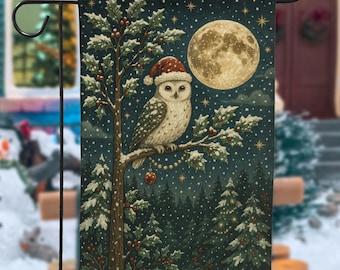 Schneeeule-Gartenfahne - Feiertags-Rasenfahne, Weihnachtswinter-Verandafahne, gemütliche saisonale Vorgarten-Weihnachtsfeiertagsdekoration.