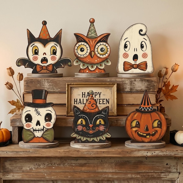 Vintage Halloween Decor Indoor, Retro Wooden Block for Shelf Decor, Cute Ghost, Pumpkin, Black Cat, Skeleton, Witch Owl, Housewarming Gift