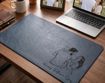 Custom Dad Photo Sketch Line Art Leather Desk Mat, Fathers Day, Office Accessories, Large Mouse Pad, Birthday Gift for Him, Gifts for Men