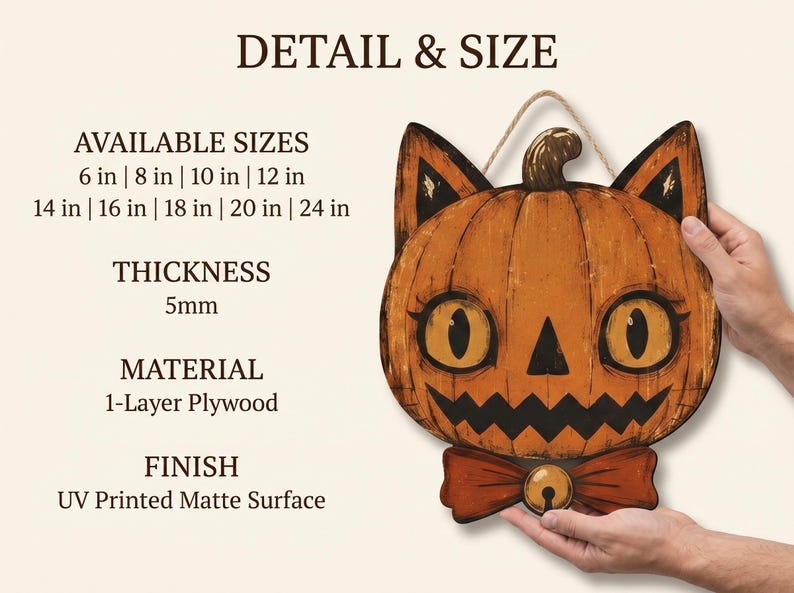 K&ouml;nnte beinhalten: Ein Wandbehang in Form einer K&uuml;rbis-Katze aus einlagigem Sperrholz mit matter UV-Druckoberfl&auml;che. Der Text lautet DETAIL & SIZE, AVAILABLE SIZES 6 in | 8 in | 10 in | 12 in | 14 in | 16 in | 18 in | 20 in | 24 in, THICKNESS 5mm, MATERIAL 1-Layer Plywood, FINISH UV Printed Matte Surface.