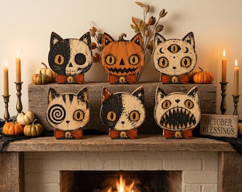 Vintage Halloween-Deko für drinnen, Halloween-Katzen-Holzblock für Regale, Totenkopf, schwarze Katze, rustikale Halloween-Deko, Einzugsgeschenk