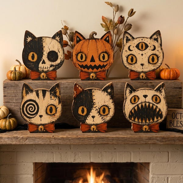 Vintage Halloween Decor Indoor, Halloween Cat Wooden Block for Shelf Decor, Skull, Black Cat, Primitive Halloween Decor, Housewarming Gift
