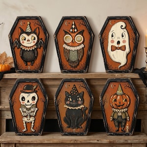Vintage Halloween Decor Indoor, Retro Wooden Block for Shelf Decor, Coffin Halloween Decor With Bat, Owl, Ghost, Skeleton, Black Cat,Pumpkin