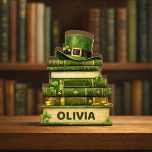 May include: A stack of green books with gold accents, topped with a green leprechaun hat. The bottom book displays the name "OLIVIA" in gold lettering. Gold coins and shamrocks are also present.