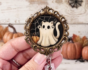 Ghost Badge Reel, Halloween Badge Reel, Black Cat - Badge topper, ID holder, Cute Ghost, Nurse and Teacher Accessory, Nursing Gift