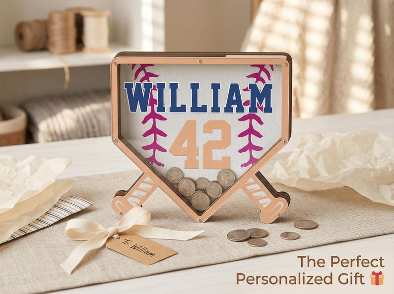 Puede incluir: Un banco de dinero con tem&aacute;tica de b&eacute;isbol con el nombre "WILLIAM" y el n&uacute;mero "42" en azul y melocot&oacute;n. El banco tiene forma de plato de home y contiene monedas. Una etiqueta de regalo con un lazo est&aacute; en primer plano.