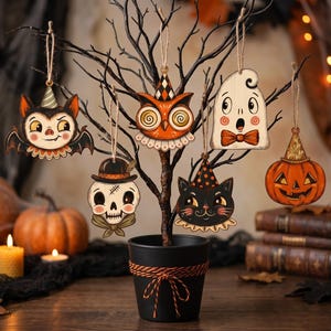 Mini Halloween-dekorationer för litet träd, vintage Halloween-dekor inomhus med vampyr, sött spöke, pumpa, svart katt, skelett, häxuggla bild 1