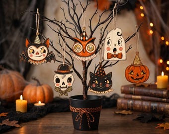 Mini Halloween-dekorationer för litet träd, vintage Halloween-dekor inomhus med vampyr, sött spöke, pumpa, svart katt, skelett, häxuggla