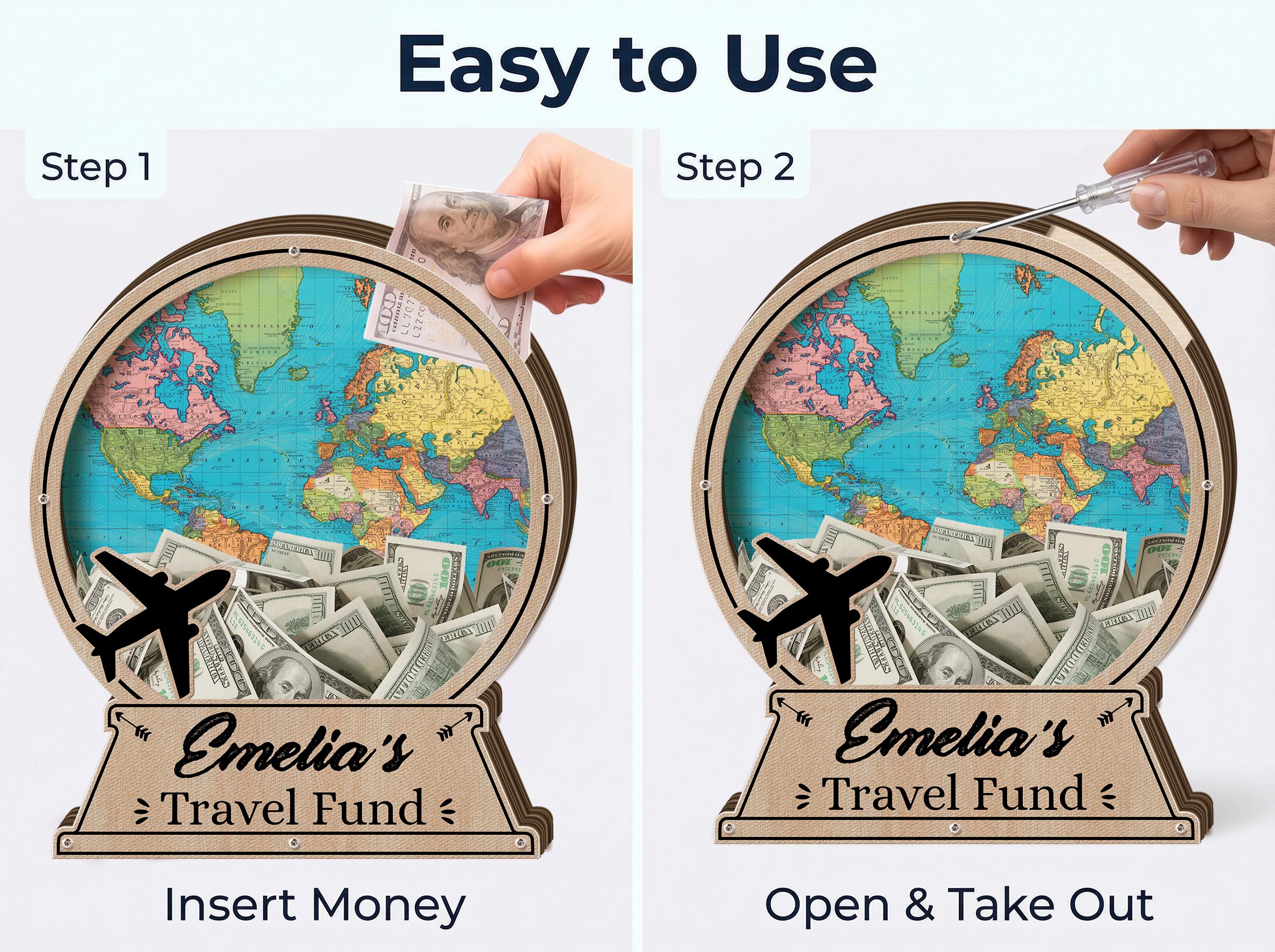 Custom Travel Fund Box, Personalized Adventure Money Bank, Globe Map ...