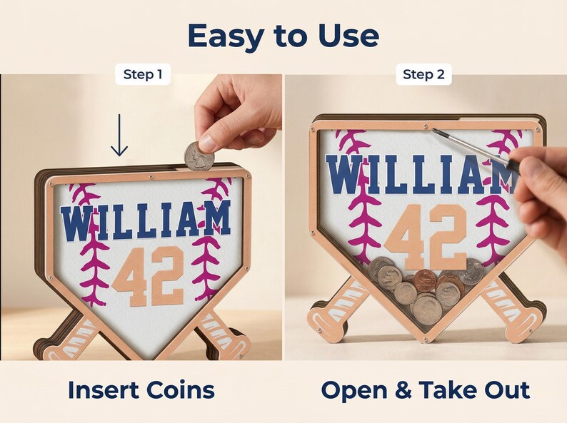 Puede incluir: Un banco de monedas con tem&aacute;tica de b&eacute;isbol con el nombre "WILLIAM" y el n&uacute;mero "42" en la parte delantera. El banco tiene forma de plato de home y tiene una ranura para insertar monedas. La imagen muestra c&oacute;mo insertar y retirar monedas.