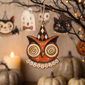 Mini Halloween-dekorationer för litet träd, vintage Halloween-dekor inomhus med vampyr, sött spöke, pumpa, svart katt, skelett, häxuggla bild 6