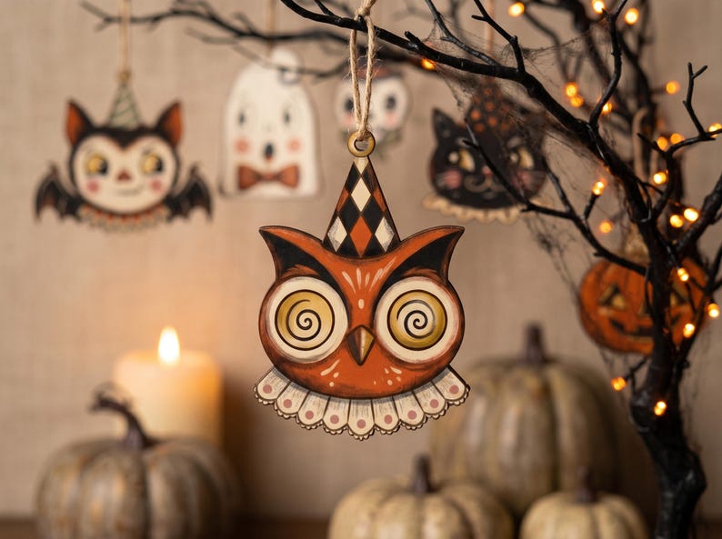 Mini Halloween-dekorationer för litet träd, vintage Halloween-dekor inomhus med vampyr, sött spöke, pumpa, svart katt, skelett, häxuggla bild 6