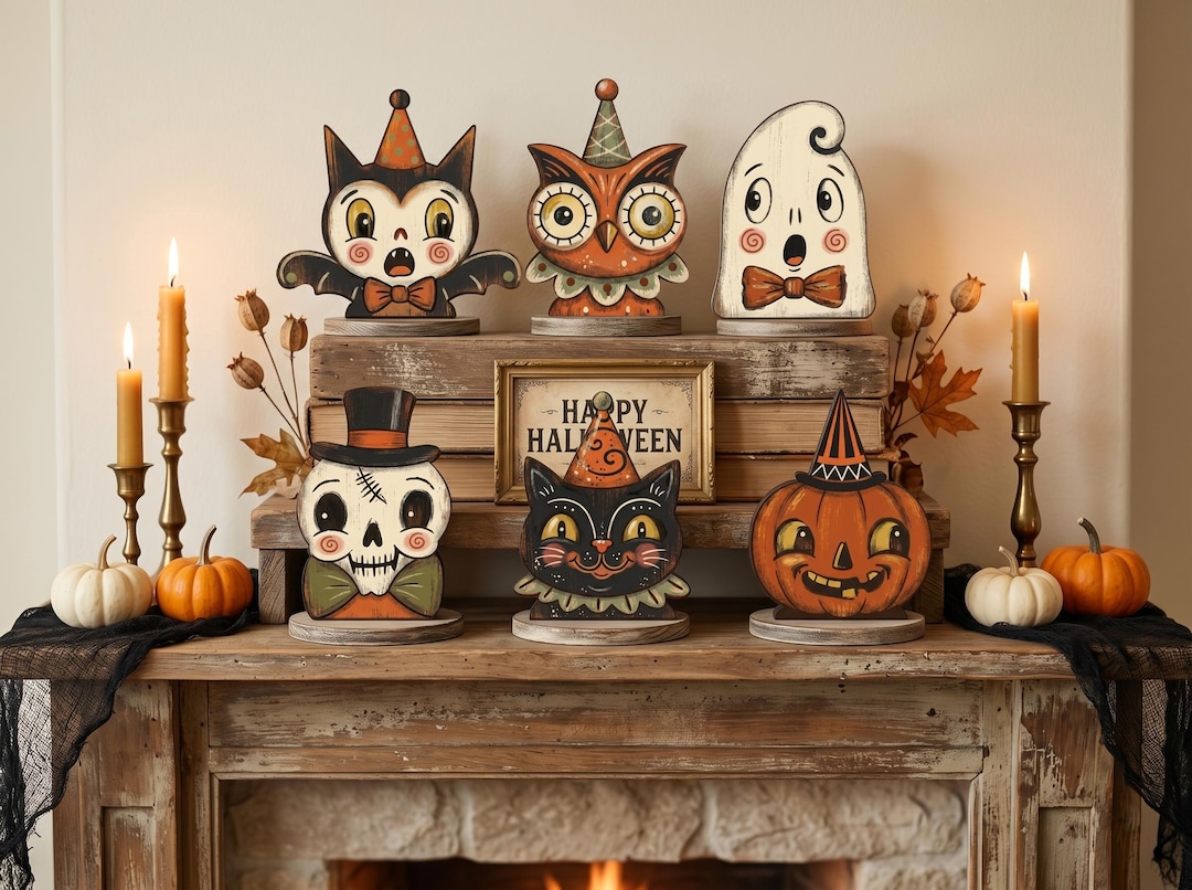 Vintage Halloween Decor Indoor, Retro Wooden Block for Shelf Decor, Cute Ghost, Pumpkin, Black Cat, Skeleton, Witch Owl, Housewarming Gift