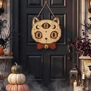 Vintage Halloween Decor Outdoor, Halloween Tür Schild, Gothic Wohnkultur, Schädel, schwarze Katze, primitives Halloween Decor, Housewarming Geschenk Bild 6