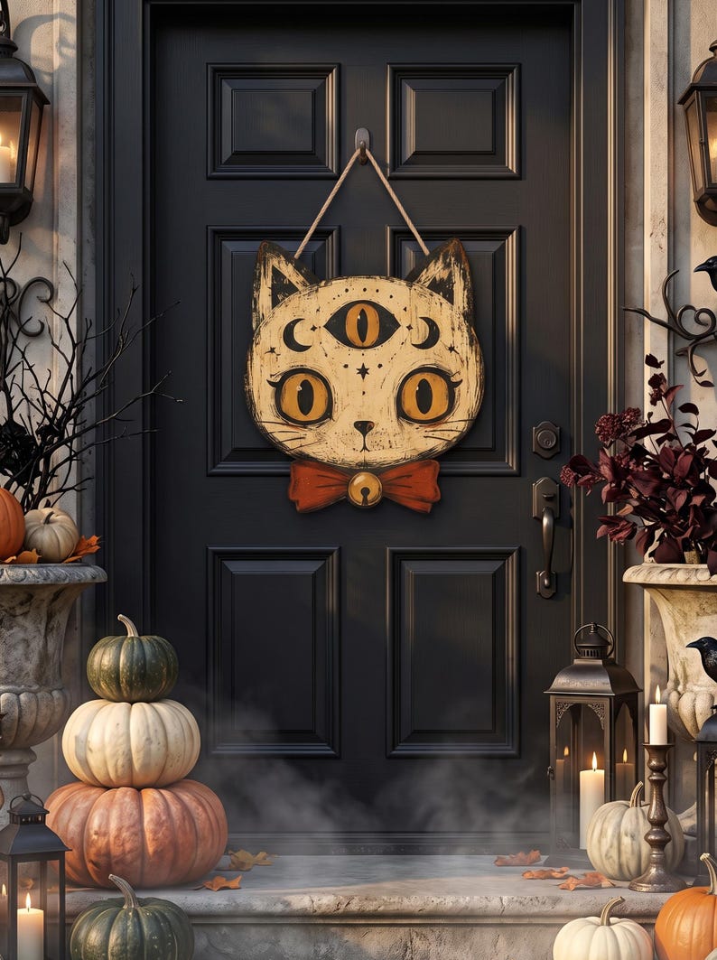 Vintage Halloween Decor Outdoor, Halloween Tür Schild, Gothic Wohnkultur, Schädel, schwarze Katze, primitives Halloween Decor, Housewarming Geschenk Bild 6