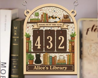 Cottagecore Cat Books Read Tracker, gepersonaliseerde leesteller, boekenplankdecor met bloemen, geschenk aangepaste naam, boekenliefhebber bibliotheekbord