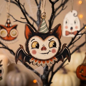Mini Halloween-dekorationer för litet träd, vintage Halloween-dekor inomhus med vampyr, sött spöke, pumpa, svart katt, skelett, häxuggla bild 5