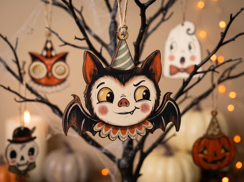 Mini Halloween-dekorationer för litet träd, vintage Halloween-dekor inomhus med vampyr, sött spöke, pumpa, svart katt, skelett, häxuggla bild 5