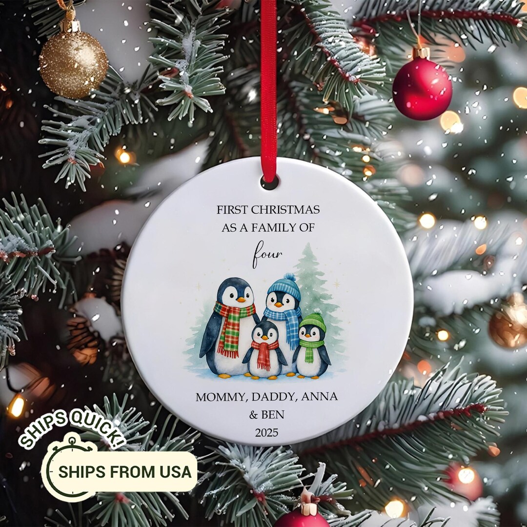 Family of Four Christmas Ornament 2025 – Personalized Penguin Family ...