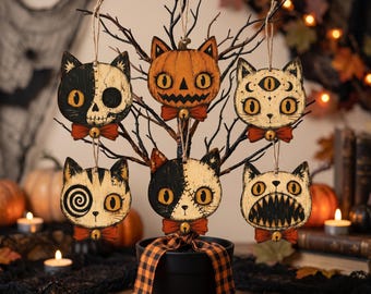 Mini-Halloween-Verzierungen für kleinen Baum, Vintage-Halloween-Dekor Innen mit Katzenschädel, Kürbis, Horror-Dekor, Halloween-Baumschmuck