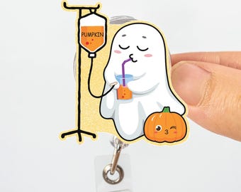 Ghost Pumpkin Spice Badge Reel, Halloween Badge Clip, Cute Nurse ID Holder, Teacher Badge Reel, Funny Spooky Fall Work Accessory Gift.
