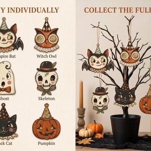 Mini Halloween-dekorationer för litet träd, vintage Halloween-dekor inomhus med vampyr, sött spöke, pumpa, svart katt, skelett, häxuggla bild 2