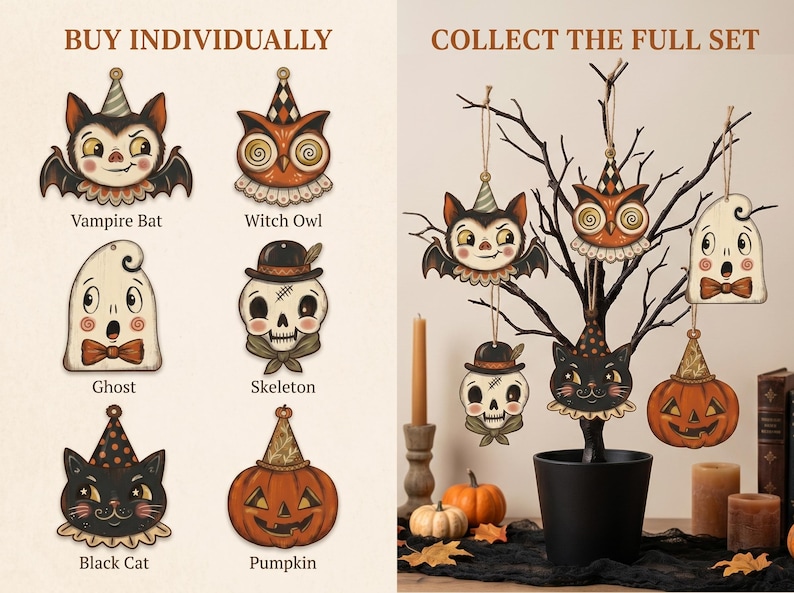 Mini Halloween-dekorationer för litet träd, vintage Halloween-dekor inomhus med vampyr, sött spöke, pumpa, svart katt, skelett, häxuggla bild 2