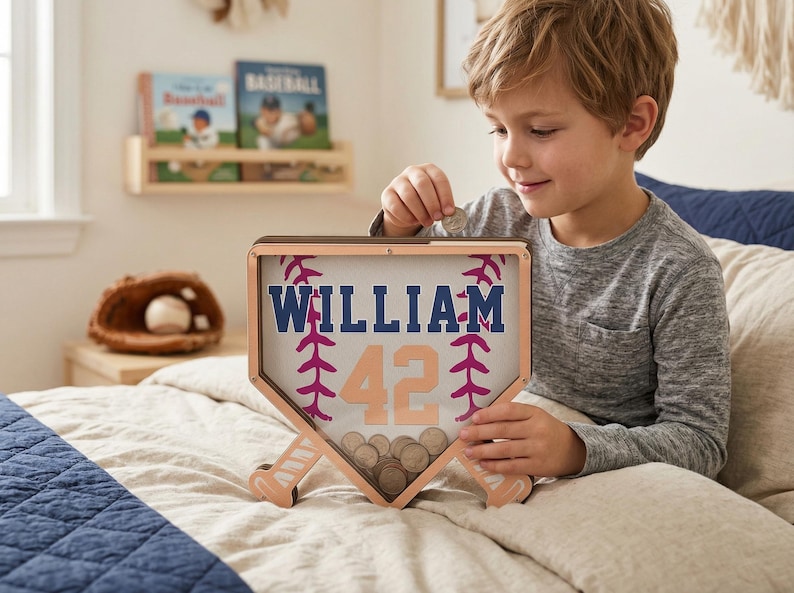 Puede incluir: Una caja de sombra de b&eacute;isbol de madera con el nombre "WILLIAM" y el n&uacute;mero "42" en azul marino y melocot&oacute;n. La caja tiene forma de plato de home y tiene detalles de bate de b&eacute;isbol. La caja est&aacute; llena de monedas.