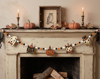 Halloween Garland, Vintage Halloween Decor Indoor and Outdoor, Mantel Decor, Halloween Felt Garland, Pom Pom Garland, Housewarming Gifts