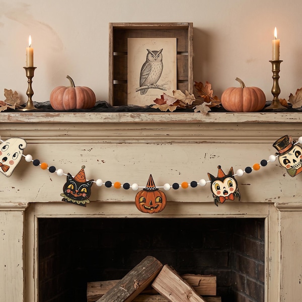 Halloweenslinger, vintage halloweendecor binnen en buiten, manteldecor, vilten halloweenslinger, pomponslinger, housewarmingcadeaus
