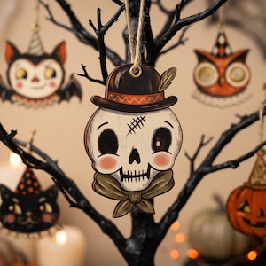 Mini Halloween-dekorationer för litet träd, vintage Halloween-dekor inomhus med vampyr, sött spöke, pumpa, svart katt, skelett, häxuggla bild 8