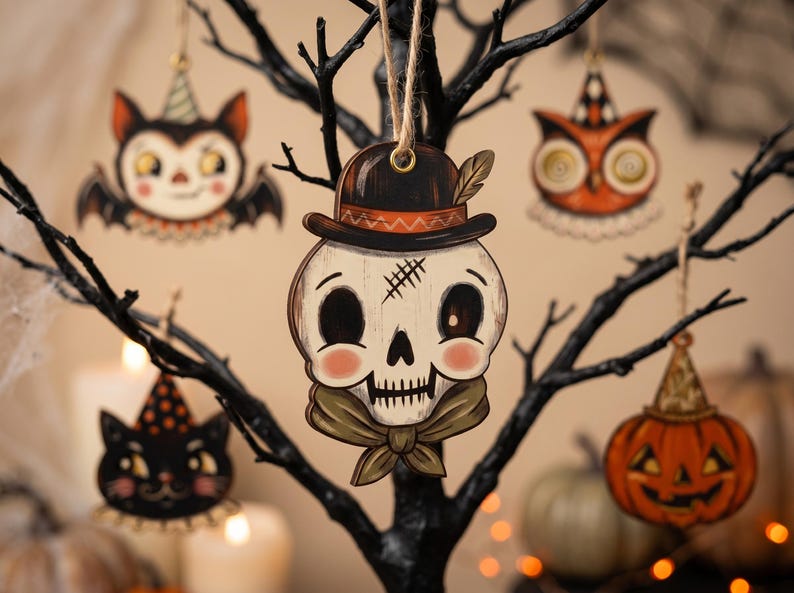 Mini Halloween-dekorationer för litet träd, vintage Halloween-dekor inomhus med vampyr, sött spöke, pumpa, svart katt, skelett, häxuggla bild 8