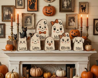 May include: A collection of wooden ghost-shaped ornaments featuring the names Dad, Mom, Luna, Liam, Noah, Olivia, and Max. The figures have painted faces, some with bows or a pacifier, and are displayed alongside small pumpkins and black cat figurines.
