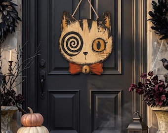 Vintage Halloween Decor Outdoor, Halloween Tür Schild, Gothic Wohnkultur, Schädel, schwarze Katze, primitives Halloween Decor, Housewarming Geschenk