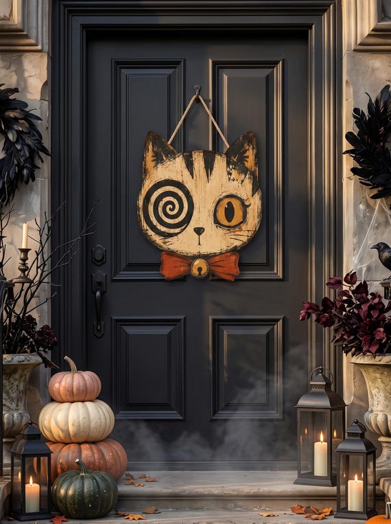 Vintage Halloween Decor Outdoor, Halloween Door Hanger, Gothic Home Decor, Skull, Black Cat, Primitive Halloween Decor, Housewarming Gift