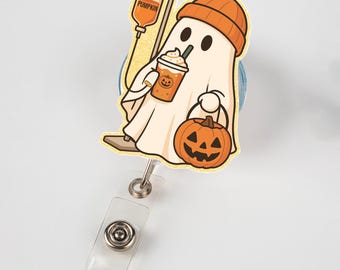 Cute Halloween ID Holder, Boo Ghost Pumpkin Spice Badge Reel, Fall Medical Work Gift for Nurse Icu, Er, Rn, Teacher, Funny Spooky Accessory.