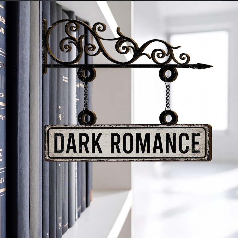 May include: A decorative metal sign with the words "DARK ROMANCE" in black lettering. The sign is suspended by chains from an ornate, scrolled bracket. The background features a bookshelf with dark blue books.