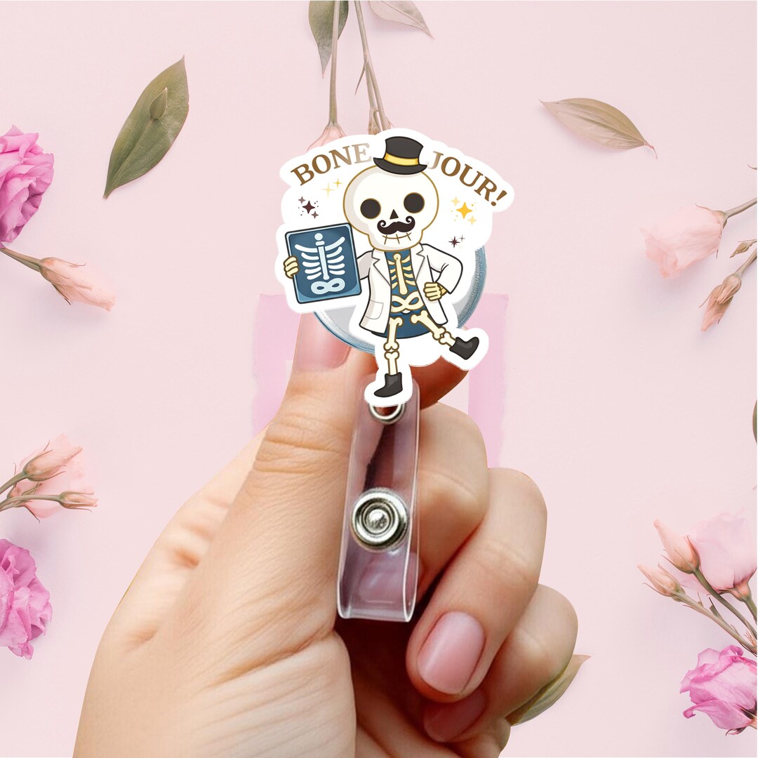Bone Jour Skeleton Badge Reel, Funny Anatomy Doctor ID Holder, Funny ...