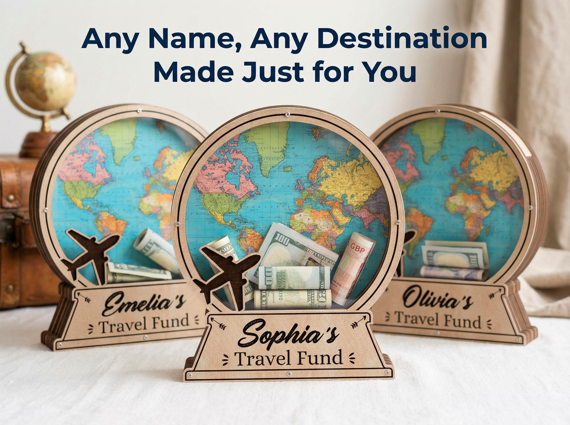 Custom Travel Fund Box, Personalized Adventure Money Bank, Globe Map ...