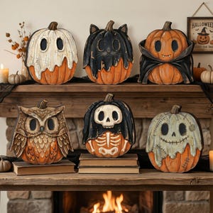 May include: A selection of Halloween pumpkin decorations. The pumpkins are carved with different designs, such as a ghost, cat, vampire, owl, skeleton, and a stitched face. The pumpkins are orange and white, with black detailing.