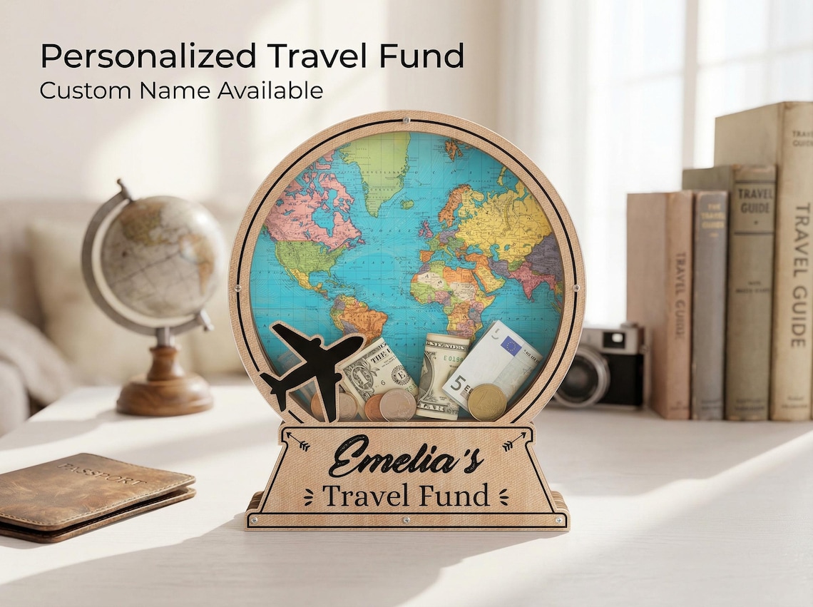 Custom Travel Fund Box, Personalized Adventure Money Bank, Globe Map ...