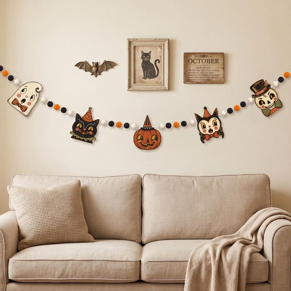 Halloween Garland, Vintage Halloween Decor Indoor, Cute Ghost, Pumpkin, Cat, Vampire, Skeleton, Halloween Felt Garland, Housewarming Gifts