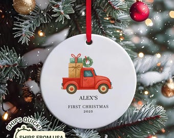 Baby’s First Christmas Ornament 2025, Personalized Red Truck Ornament, Custom First Christmas Keepsake Gift for Baby Boy or Girl