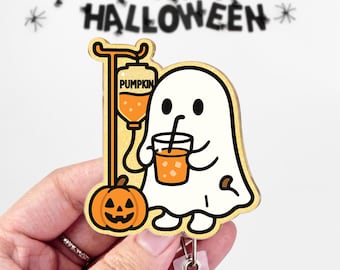 Ghost Pumpkin Spice Badge Reel, Halloween Badge Holder, Cute Nurse Badge Reel, Teacher ID Clip, Funny Spooky Work Gift for Fall Season.